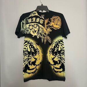 Black Graphic T-Shirt with Tiger and Floral Design